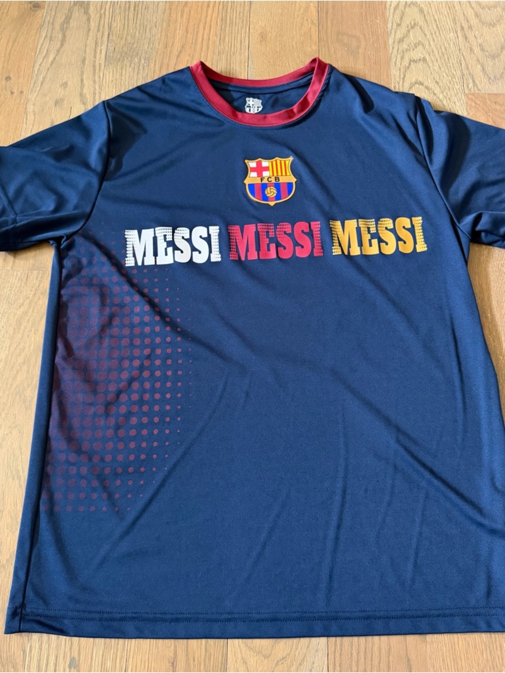 FC Barcelona Men's Messi Graphic Jersey Tee - Navy with Red & Yellow Accents